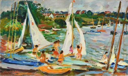 null Max AGOSTINI (1914-1997) Sailboats on the lake of Eguzon, Berry Oil on canvas....