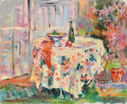 null Max AGOSTINI (1914-1997) Still life on the flowery tablecloth, 1979 Oil on canvas....