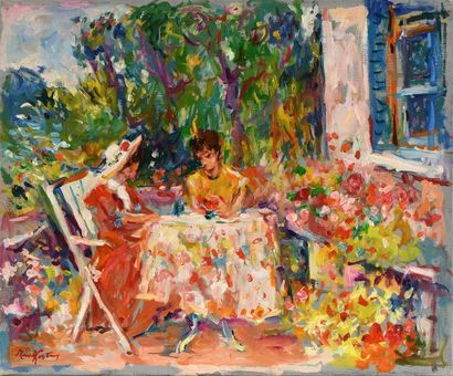 null Max AGOSTINI (1914-1997) Conversation sur la terrasse fleurie Huile sur toile....