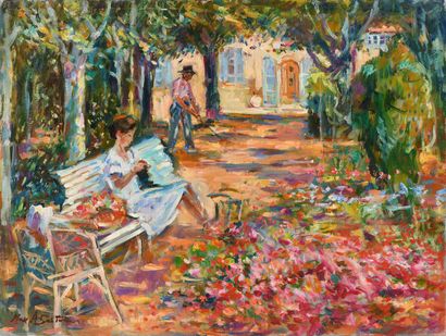 null Max AGOSTINI (1914-1997) Young woman sewing on a bench, Allauch, July 1975 Oil...