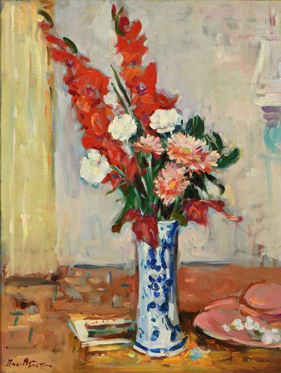 null Max AGOSTINI (1914-1997) Snapdragons, white roses and daisies in a blue and...