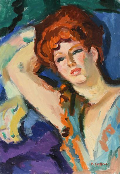 null Pierre CORNU (1895-1996) Portrait de Janet pensive une main derrière la tête...