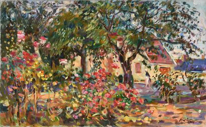 null Max AGOSTINI (1914-1997) Farm girl in the garden Oil on canvas. Signed lower...