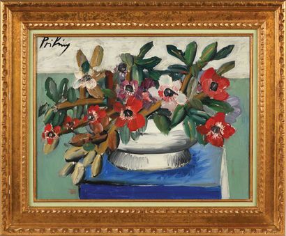 null Franz PRIKING (1929-1979) Le vase d anémones Huile sur toile signée en haut...