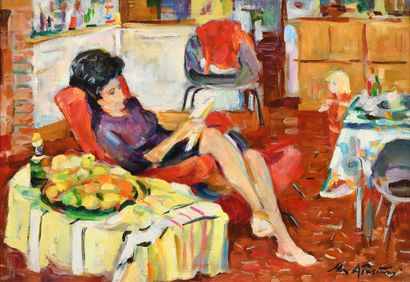 null Max AGOSTINI (1914-1997) The painter's wife reading in the dining room Oil on...