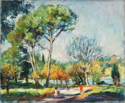 null Max AGOSTINI (1914-1997) Les grands arbres au bord du lac, 1978 Oil on canvas...