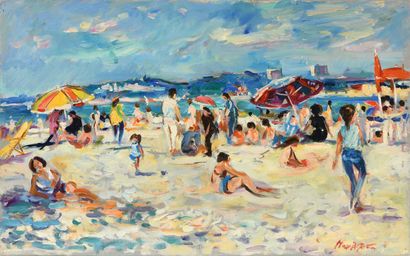 null Max AGOSTINI (1914-1997) Le parasol jaune et rouge sur la plage du Prado à Marseille...
