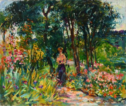 null Max AGOSTINI (1914-1997) Young woman in the garden Oil on canvas Signed lower...