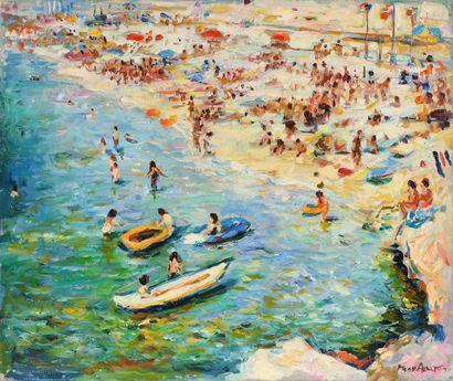 null Max AGOSTINI (1914-1997) The beach in Cassis Oil on canvas. Signed lower right....