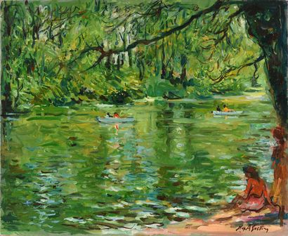 null Max AGOSTINI (1914-1997) Les barques bleues sur la rivière Huile sur toile Signée...