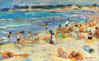 null Max AGOSTINI (1914-1997) La plage Les Lecques, Marseille Huile sur toile. Signée...