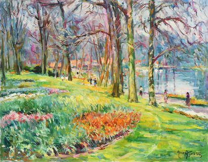 null Max AGOSTINI (1914-1997) Les promeneurs au bord de l étang Huile sur toile Signée...