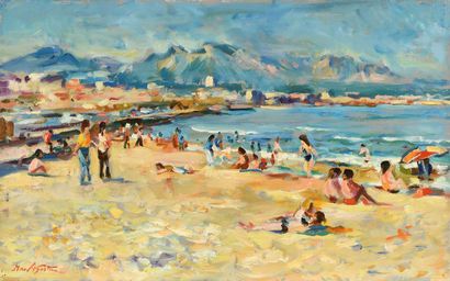 null Max AGOSTINI (1914-1997) Plage du Prado à Marseille Huile sur toile. Signée...