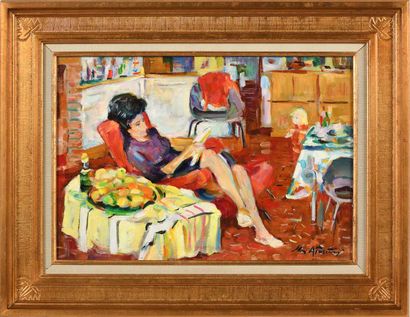 null Max AGOSTINI (1914-1997) La femme du peintre lisant dans la salle à manger Huile...