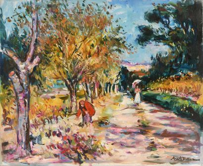 null Max AGOSTINI (1914-1997) Woman with a parasol on a path in Autumn Oil on canvas...