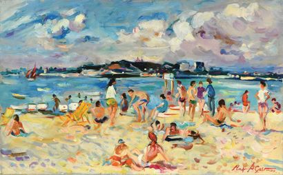 null Max AGOSTINI (1914-1997) The yellow deckchair on the Prado beach Oil on canvas....