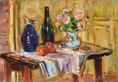 null Max AGOSTINI (1914-1997) Still life with a vase of flowers and a bottle of wine...