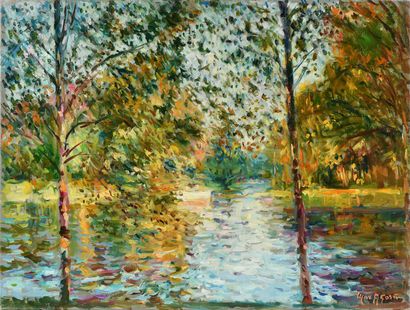 null Max AGOSTINI (1914-1997) Edge of the Creuse in Autumn Oil on canvas. Signed...