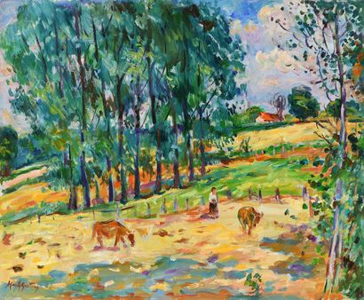 null Max AGOSTINI (1914-1997) Paysanne et ses vaches en Berry Huile sur toile. Signée...