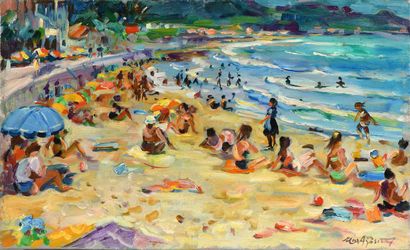 null Max AGOSTINI (1914-1997) Sunbathing on the beach Oil on canvas. Signed lower...