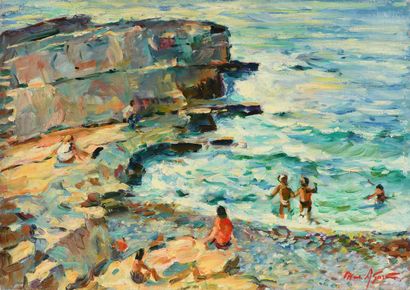 null Max AGOSTINI (1914-1997) Children by the Sea Oil on canvas. Signed lower right....