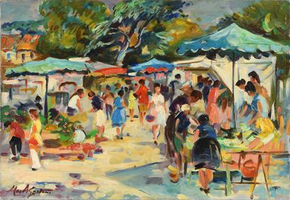 null Max AGOSTINI (1914-1997) The market in Cassis Oil on canvas. Signed lower left....