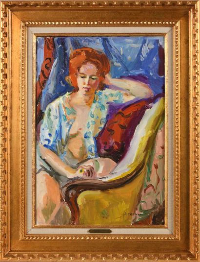 null Pierre CORNU (1895-1996) Janet dans le fauteuil jaune Huile sur toile. Signée...