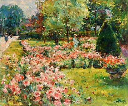 null Max AGOSTINI (1914-1997) Young woman in the rose garden Oil on canvas Signed...