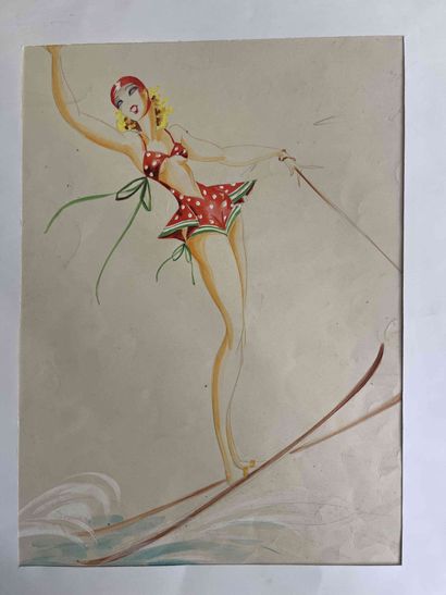 null Ecole du XXe siècle
Femme en maillot de bain sur des skis
Aquarelle monogrammée...
