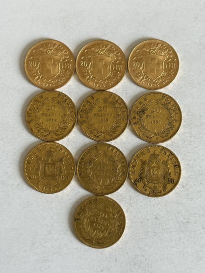 null 23 Lot of seven 20 Francs gold Napoleon III coins and three 20 Francs Swiss...