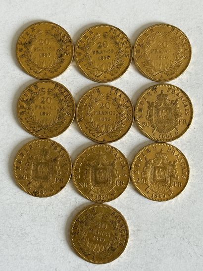 null 21 Lot de dix pièces 20 Francs or Napoléon III.