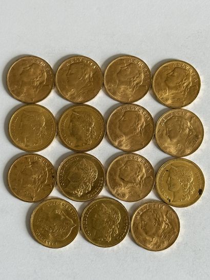 null 16 Lot of fifteen 20 francs Swiss gold coins