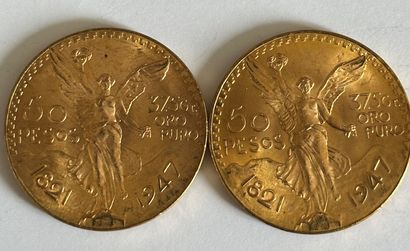 null 36 Deux pièces de 50 pesos mexicain or de 1947.