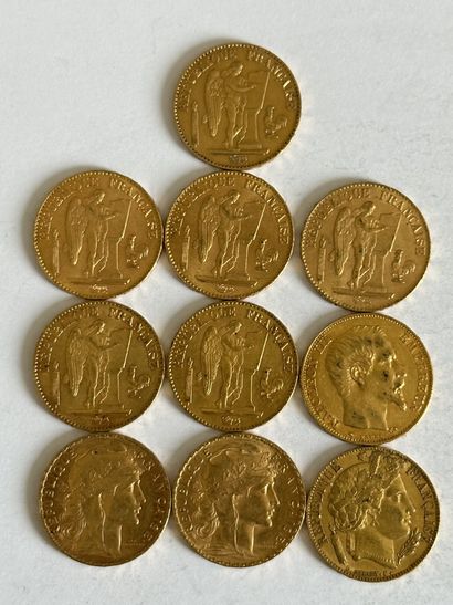 null 22 Lot de dix pièces 20 Francs or Napoléon III.