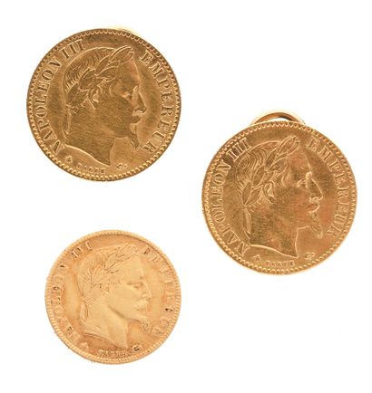 null 38 Pair of yellow gold (750) earrings, each adorned with a 10 franc gold coin....