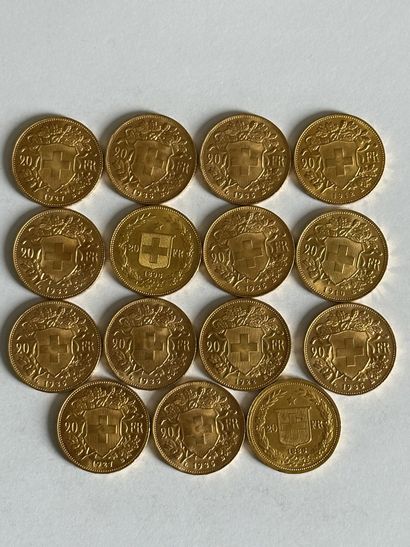 null 14 Lot of fifteen 20 francs Swiss gold coins.