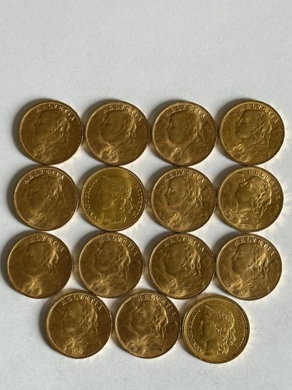 null 14 Lot of fifteen 20 francs Swiss gold coins.