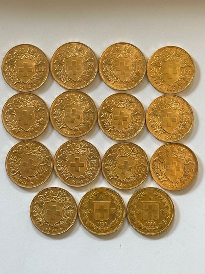 null 17 Lot of fifteen 20 francs Swiss gold coins.