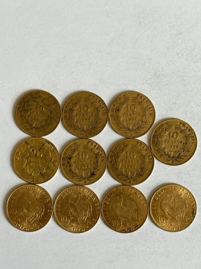 null 20 Lot of eleven 10 Francs gold coins.