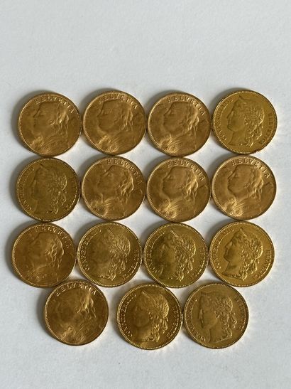 null 15 Lot of fifteen 20 francs Swiss gold coins.