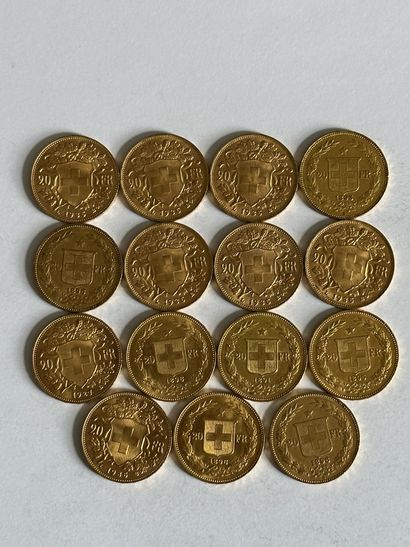 null 15 Lot de quinze pièces de 20 francs Suisse or.