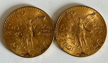 null 35 Deux pièces de 50 pesos mexicain or de 1947.