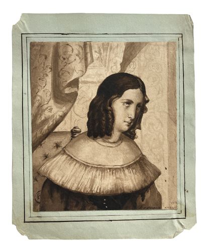 null ECOLE DU XIXe SIECLE Portrait de femme dans un intérieur, 1838 Lavis d encre...
