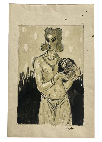 null Louis JOU (1882-1968) Femme tenant une tête Technique mixte sur papier. Signé...