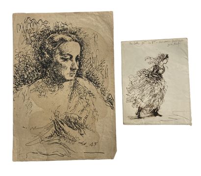 null ECOLE DU XIXe SIECLE Portrait de femme Encre de chine sur papier. Monogrammé...