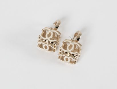 null CHANEL: Pair of silver plated earrings in the shape of a stylized cage, embellished...