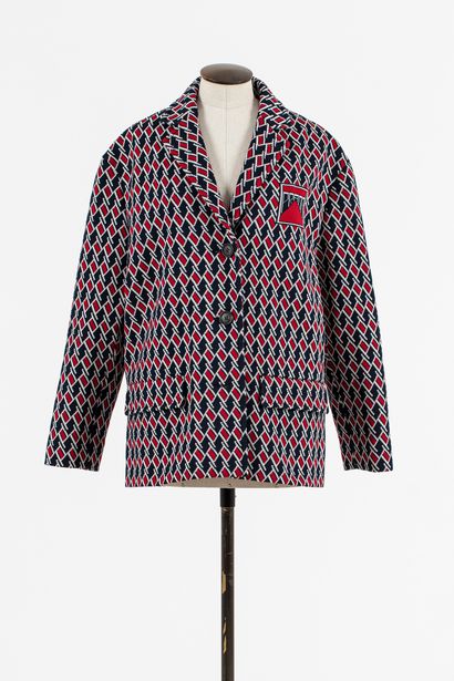 null PRADA: Oversized jacket in navy blue polyester decorated with geometric patterns,...
