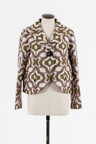 null MARC JACOBS: Short jacket in wool and acrylic, green background with stylized...