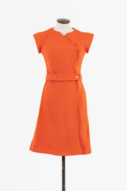 null COURREGES Hyperbole: Orange wool and acrylic dress, short sleeves, round collar,...
