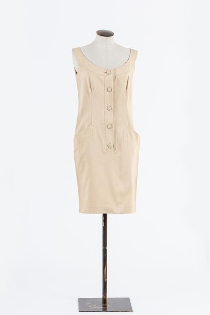 null BALENCIAGA : Beige cotton dress, sleeveless, large round collar, simple buttoning...